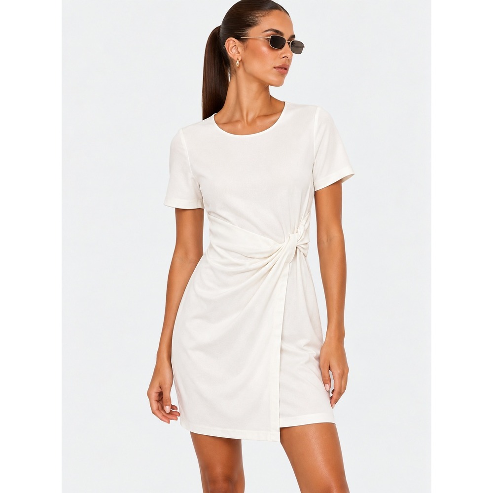 Kobi Halperin Cream Short Sleeve Front Twist Sheath T-Shirt Dress Size S
